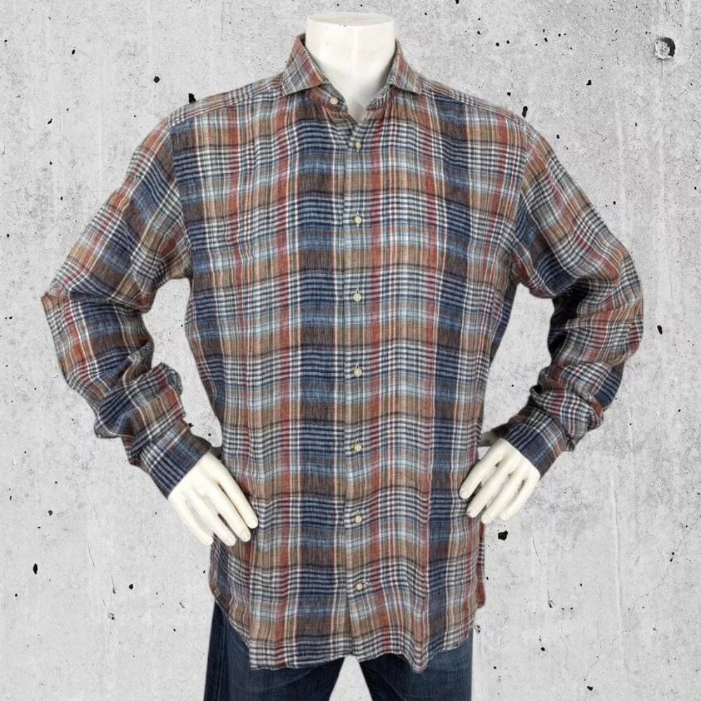 Suitsupply Shirt Size 17.5 or 2XL 100% Linen Cutaway Collar Plaid